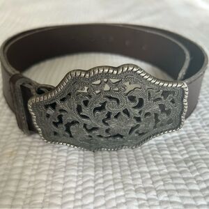 Women’s Brown Southwestern Silver Buckle Statement Belt Festival Size 39 inches